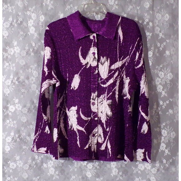 Vintage 2000s Blouse Y2K Crinkle Floral Purple Retro Boho Hippie Size Large - Picture 1 of 5
